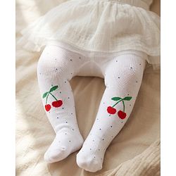 Cute Walk by Babyhug Knit Antibacterial Footed Tights with Cherry Design - White