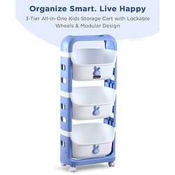 Babyhug 3 Layer Storage Organiser with Rabbit Face - Blue| Detachable Baskets| Wheels with Lock| Plug N Play Assembly| Stationery, Toys &  Clothes Storage| Rounded Edges