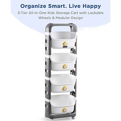 Babyhug 4 Layer Storage Organiser with Penguin Face - Yellow| Detachable Baskets| Wheels with Lock| Plug N Play Assembly| Stationery, Toys &  Clothes Storage| Rounded Edges