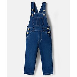 Babyhug Terry Knit Denim Dungaree with Full Sleeves Striped Inner Tee - Multicolor