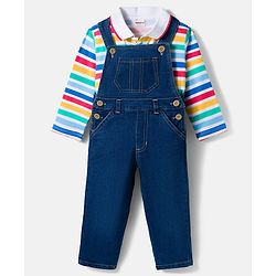 Babyhug Terry Knit Denim Dungaree with Full Sleeves Striped Inner Tee - Multicolor
