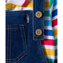 Babyhug Terry Knit Denim Dungaree with Full Sleeves Striped Inner Tee - Multicolor