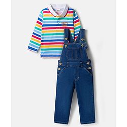 Babyhug Terry Knit Denim Dungaree with Full Sleeves Striped Inner Tee - Multicolor