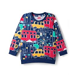 Babyhug Knit Premium Light Gauge Terry Full Sleeves T-Shirt & Denim Jeans  Set With Vehicle Print - Navy Blue