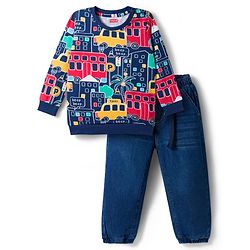 Babyhug Knit Premium Light Gauge Terry Full Sleeves T-Shirt & Denim Jeans  Set With Vehicle Print - Navy Blue