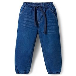 Babyhug Knit Premium Light Gauge Terry Full Sleeves T-Shirt & Denim Jeans  Set With Vehicle Print - Navy Blue
