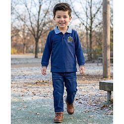 Babyhug Terry Knit Full Sleeves T-Shirt & Denim Jeans Set With Text Embriodery - Blue