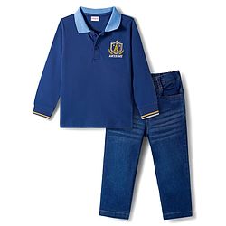 Babyhug Terry Knit Full Sleeves T-Shirt & Denim Jeans Set With Text Embriodery - Blue