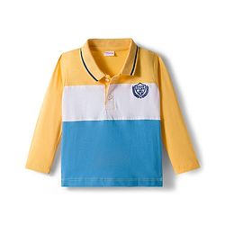 Babyhug Single Jersey Knit Full Sleeves Polo T-Shirt & Jeans Set with Soccer Embroidery & Football Print - Yellow & Blue