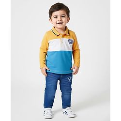 Babyhug Single Jersey Knit Full Sleeves Polo T-Shirt & Jeans Set with Soccer Embroidery & Football Print - Yellow & Blue