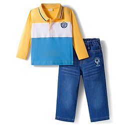 Babyhug Single Jersey Knit Full Sleeves Polo T-Shirt & Jeans Set with Soccer Embroidery & Football Print - Yellow & Blue