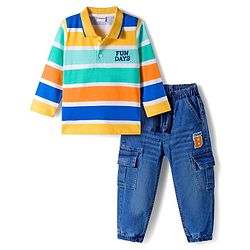 Babyhug Terry Knit Full Sleeves T-Shirt & Denim Jeans Set With Stripes & Text Embriodery - Blue