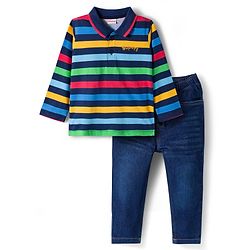 Babyhug Single Jersey Knit Full Sleeves T-Shirt & Denim Jeans Set With Stripes - Blue