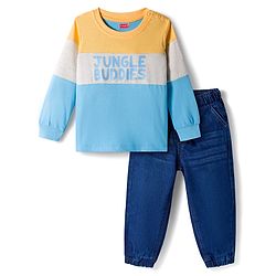Babyhug Knit Premium Light Gauge Terry Full Sleeves T-Shirt & Denim Jeans Set With Text Print & Cut & Sew Design - Blue