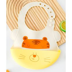 Babyhug Adjustable Silicone Bib for Toddlers - Beige Orange Tiger Print| Soft & BPA-Free| 5-Gear Neck Adjustment| Easy to Clean| Crumb Catcher| Roll-able Travel-Friendly