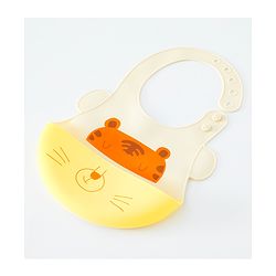 Babyhug Adjustable Silicone Bib for Toddlers - Beige Orange Tiger Print| Soft & BPA-Free| 5-Gear Neck Adjustment| Easy to Clean| Crumb Catcher| Roll-able Travel-Friendly