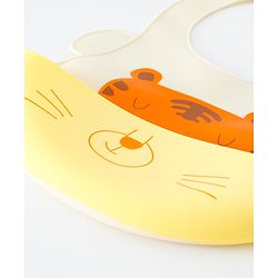 Babyhug Adjustable Silicone Bib for Toddlers - Beige Orange Tiger Print| Soft & BPA-Free| 5-Gear Neck Adjustment| Easy to Clean| Crumb Catcher| Roll-able Travel-Friendly