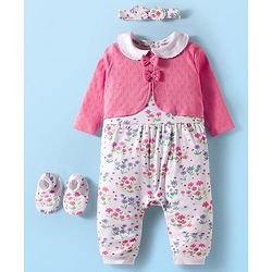 Babyhug 100% Cotton Interlock Knit Full Sleeves Romper with Floral Print Bow Applique Hairband & Booties - Pink