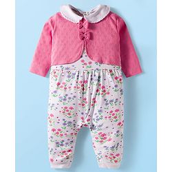 Babyhug 100% Cotton Interlock Knit Full Sleeves Romper with Floral Print Bow Applique Hairband & Booties - Pink