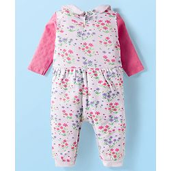 Babyhug 100% Cotton Interlock Knit Full Sleeves Romper with Floral Print Bow Applique Hairband & Booties - Pink