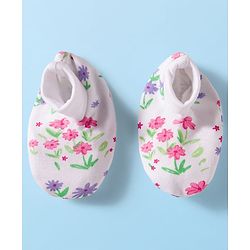 Babyhug 100% Cotton Interlock Knit Full Sleeves Romper with Floral Print Bow Applique Hairband & Booties - Pink