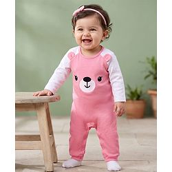 Babyhug 100% Cotton Interlock Knit Full Raglan Sleeves Romper with Teddy Print - Pink