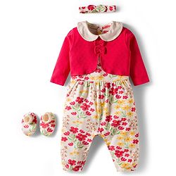 Babyhug 100% Cotton Interlock Knit Full Sleeves Romper with Floral Print Bow Applique Hairband & Booties - Red
