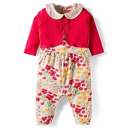 Babyhug 100% Cotton Interlock Knit Full Sleeves Romper with Floral Print Bow Applique Hairband & Booties - Red
