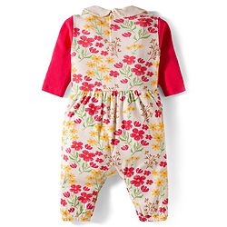 Babyhug 100% Cotton Interlock Knit Full Sleeves Romper with Floral Print Bow Applique Hairband & Booties - Red