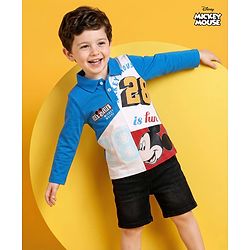 Babyhug Disney Single Jersey Knit Full Sleeves Polo T-Shirt with Mickey Mouse Graphics - Blue & White