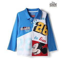 Babyhug Disney Single Jersey Knit Full Sleeves Polo T-Shirt with Mickey Mouse Graphics - Blue & White