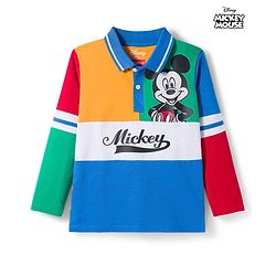 Babyhug Disney Single Jersey Knit  Full Sleeves Cut & Sew Polo T-Shirt with Mickey Mouse Graphics - Blue Red & Yellow