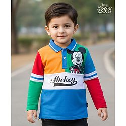 Babyhug Disney Single Jersey Knit  Full Sleeves Cut & Sew Polo T-Shirt with Mickey Mouse Graphics - Blue Red & Yellow