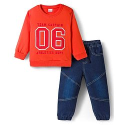 Babyhug Knit Premium Light Gauge Terry FUll Sleeves T-Shirt & Denim Jeans Set with Number Graphic - Orange & Blue