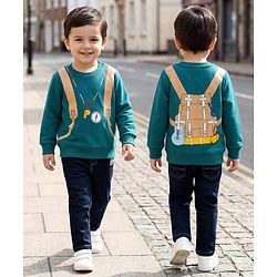 Babyhug Knit Premium Light Gauge Terry Full Sleeves T-Shirt & Denim Jeans Set With Backpack Print - Teal & Navy Blue
