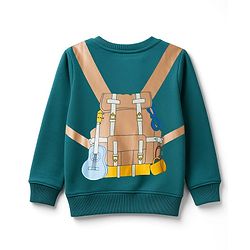 Babyhug Knit Premium Light Gauge Terry Full Sleeves T-Shirt & Denim Jeans Set With Backpack Print - Teal & Navy Blue