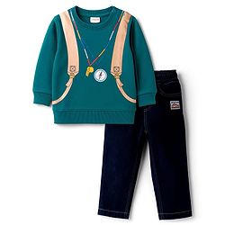 Babyhug Knit Premium Light Gauge Terry Full Sleeves T-Shirt & Denim Jeans Set With Backpack Print - Teal & Navy Blue