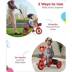 Babyhug Disney Mickey Kids Tricycle with Parental Push Handle- Red & Black| Antislip Pedals| Puncture Proof Wheels| Easy Assembling| Foldable Footrest| Toy for 2 to 5 year| Gifting Option