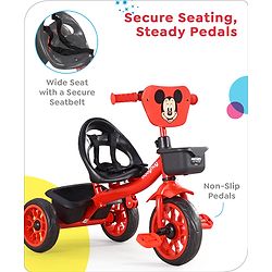 Babyhug Disney Mickey Kids Tricycle with Parental Push Handle- Red & Black| Antislip Pedals| Puncture Proof Wheels| Easy Assembling| Foldable Footrest| Toy for 2 to 5 year| Gifting Option