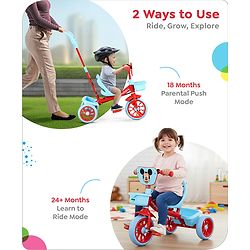 Babyhug Disney Mickey Kids Tricycle with Parental Push Handle- Red & Black| Antislip Pedals| Puncture Proof Wheels| Easy Assembling| Foldable Footrest| Toy for 2 to 5 year| Gifting Option