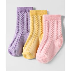 Cute Walk by Babyhug Knit Ankle Length Anti Bacterial Socks with Cable Knit Design Pack of 3 - Yellow Pink & Purple