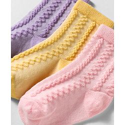 Cute Walk by Babyhug Knit Ankle Length Anti Bacterial Socks with Cable Knit Design Pack of 3 - Yellow Pink & Purple