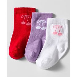 Cute Walk by Babyhug Knit Ankle Length Anti Bacterial Socks with Cherry Design Pack of 3 - Red Purple & White