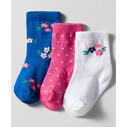 Cute Walk by Babyhug Knit Ankle Length Anti Bacterial Socks with Floral Design Pack of 3 - Navy Blue Pink & White