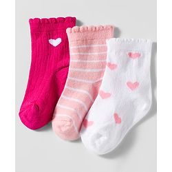 Cute Walk by Babyhug Knit Ankle Length Anti Bacterial Socks with Heart Design & Stripes Pack of 3 - Dark Pink White & Pink