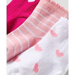 Cute Walk by Babyhug Knit Ankle Length Anti Bacterial Socks with Heart Design & Stripes Pack of 3 - Dark Pink White & Pink