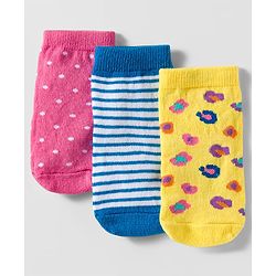 Cute Walk by Babyhug Knit Ankle Length Anti Bacterial Socks with Polka Dot Design & Stripes Pack of 3 - Pink Blue & Yellow