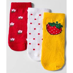 Cute Walk by Babyhug Knit Ankle Length Anti Bacterial Socks with Floral Polka Dot & Strawberry Design Pack of 3 - Yellow Red & White