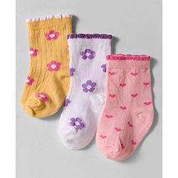 Cute Walk by Babyhug Knit Ankle Length Anti-bacterial Socks with Floral Print Pack of 3 - Yellow White & Pink