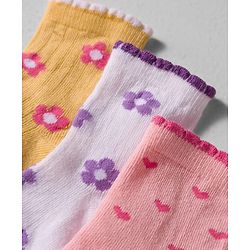 Cute Walk by Babyhug Knit Ankle Length Anti-bacterial Socks with Floral Print Pack of 3 - Yellow White & Pink